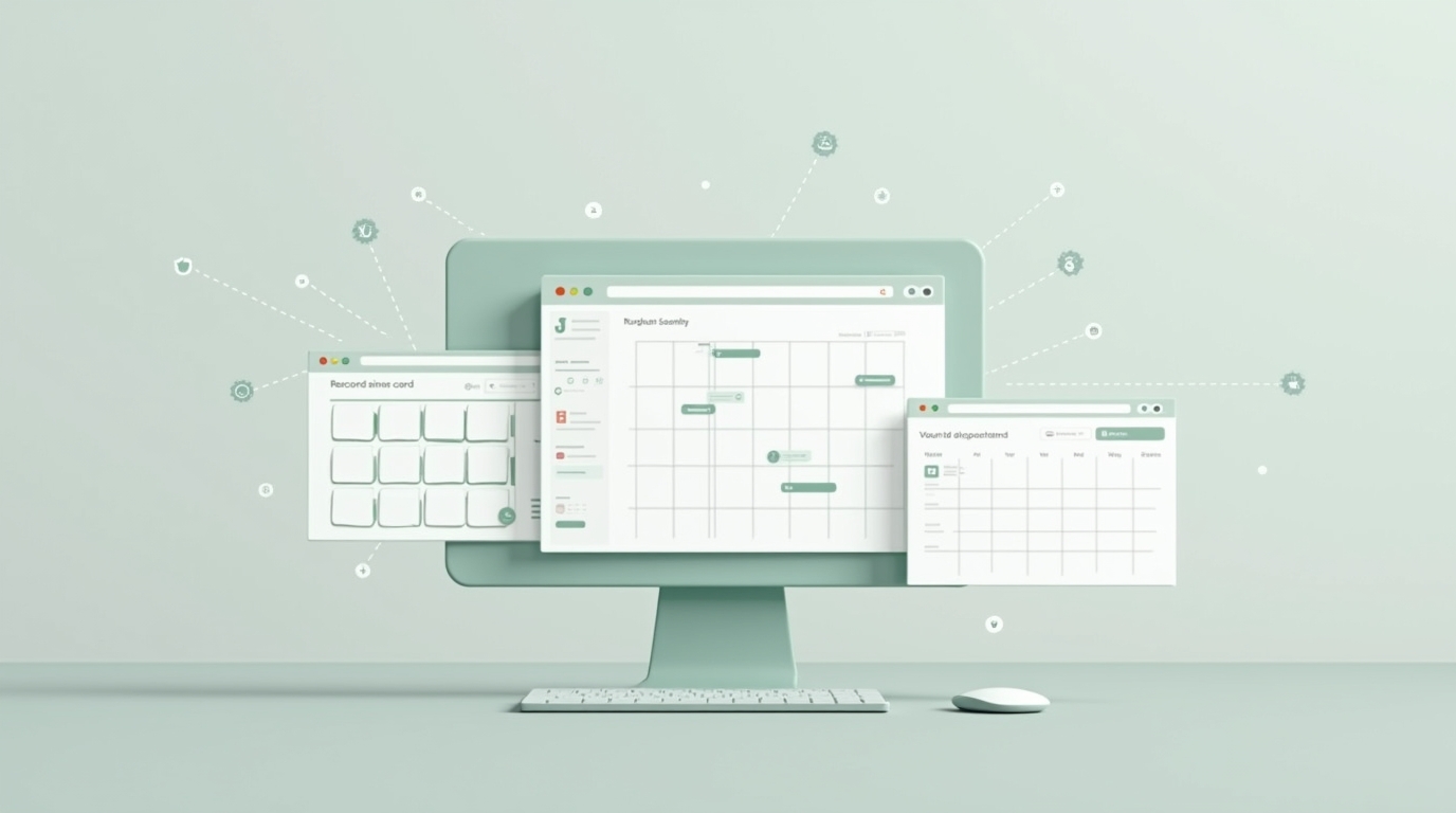 A single set of business records shown as a list, a kanban board, and a calendar side by side in emerald and slate.