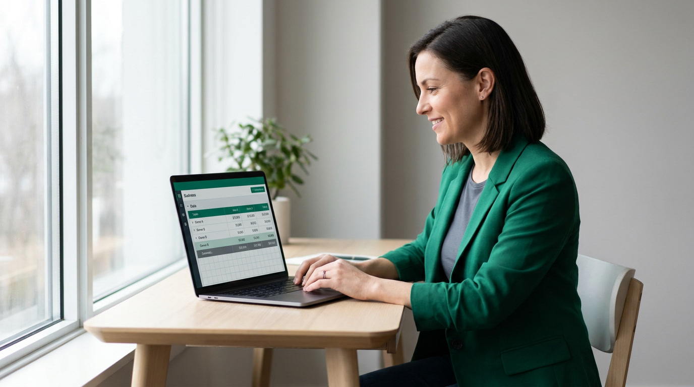 A business owner reviewing a grouped sales report with aggregate totals on a laptop, emerald and slate interface.