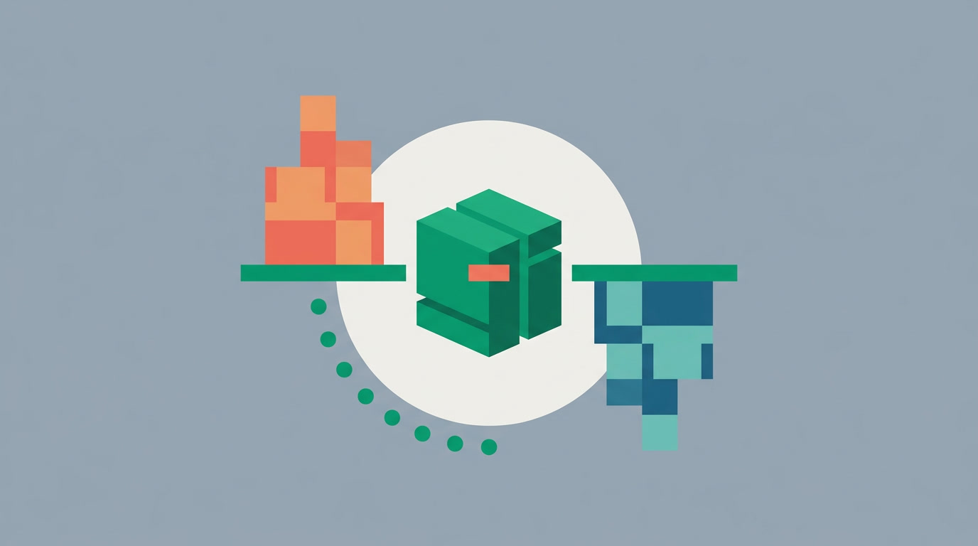 An abstract balance where a stack of upward blocks meets a set of downward blocks resolving to one clean figure