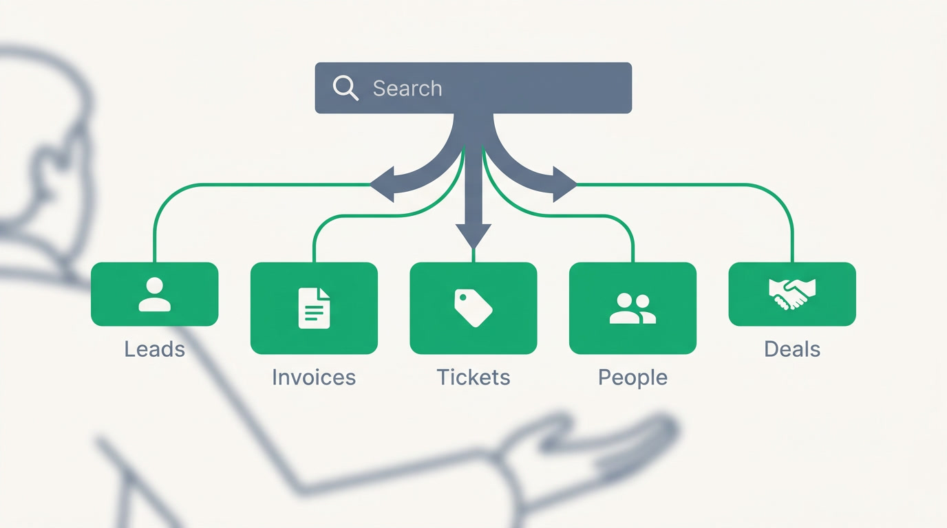 Diagram showing one search box branching into grouped results across twelve connected apps
