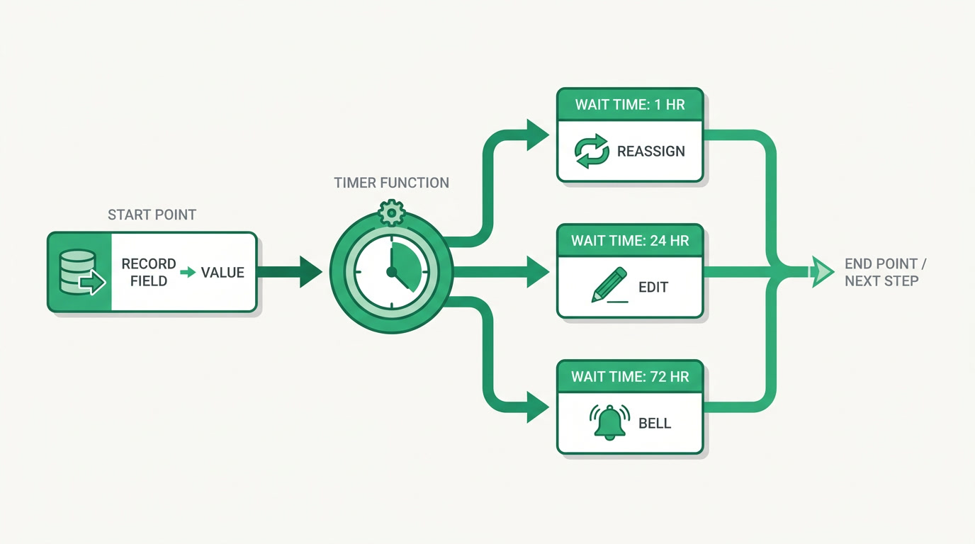 A flow showing a field reaching a value, a timer starting, and escalation levels firing actions when time runs out