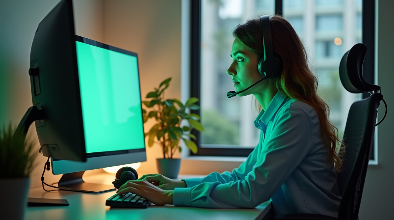 A support agent calmly handling a case at a tidy desk while a subtle countdown is visible on screen