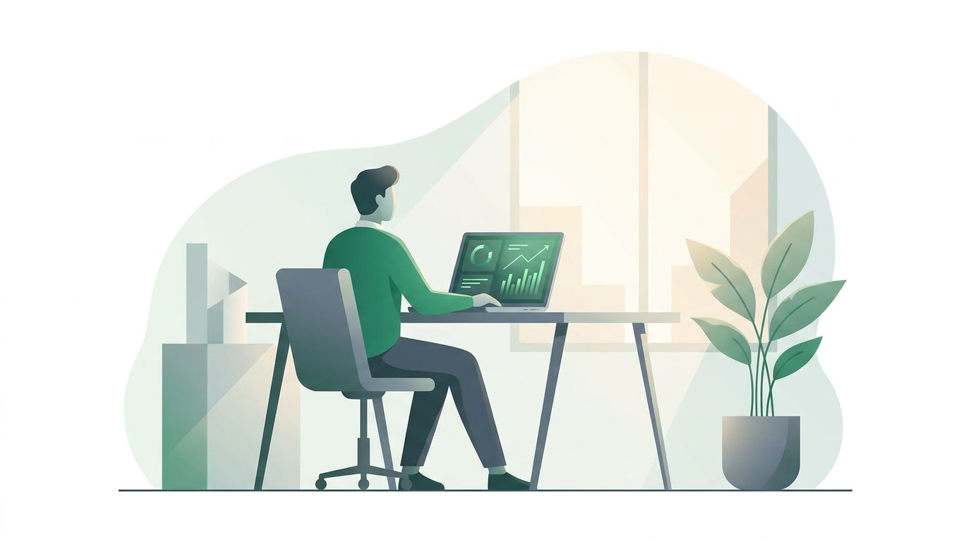 A clean editorial illustration of financial reports and an invoice flowing into a balanced ledger