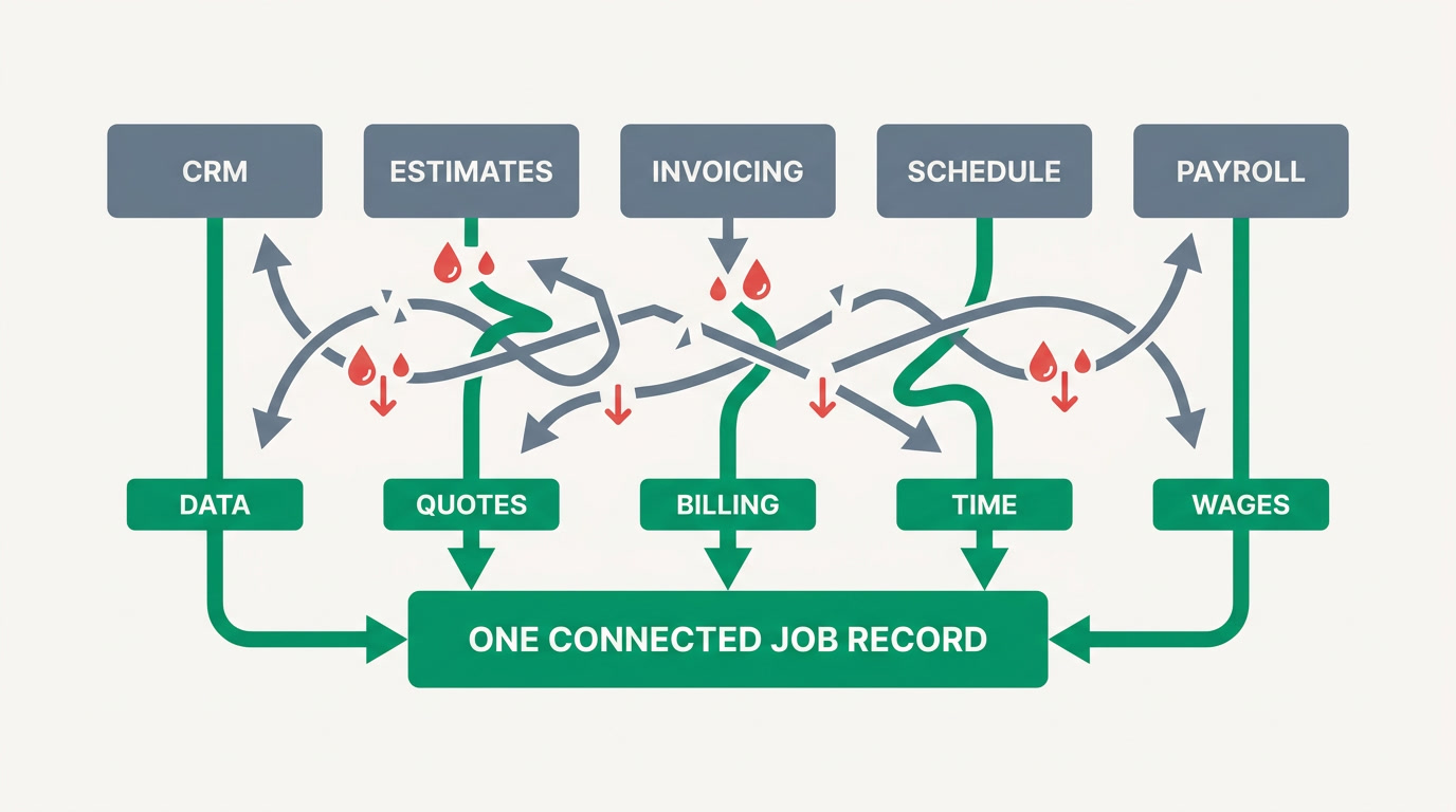 Diagram of five disconnected contractor tools versus one connected record