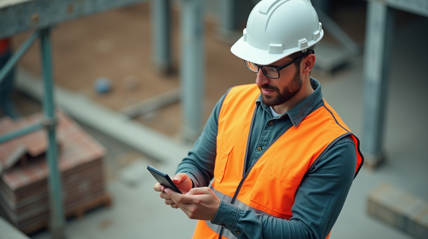 A site foreman checking a job update on a phone at a construction site
