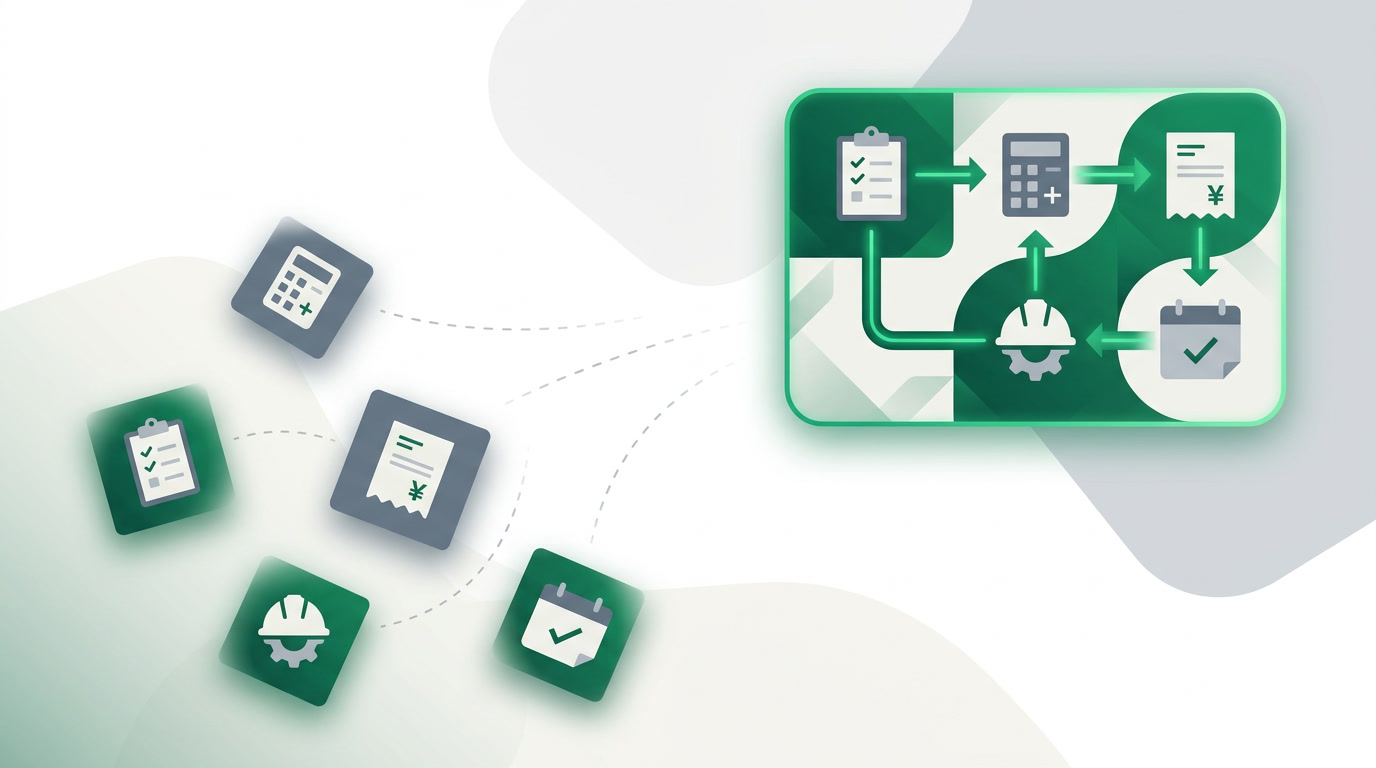 An editorial illustration of a construction firm's scattered tools converging into a single connected platform