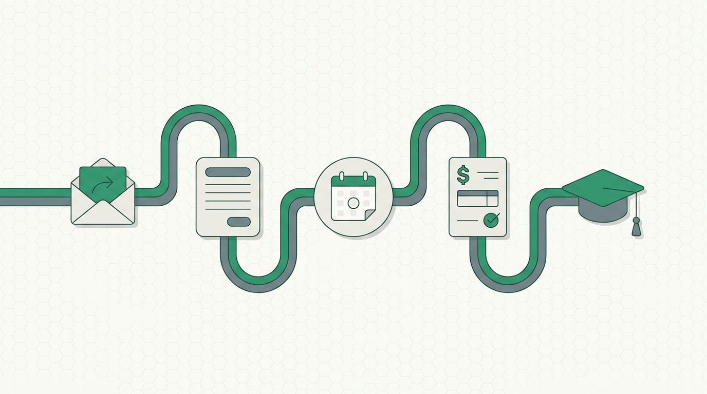 An enrollment journey flowing from inquiry to paid tuition across one connected workspace
