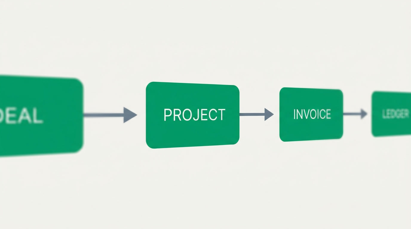 A flowchart showing one record moving through pipeline, project, invoice and ledger stages.
