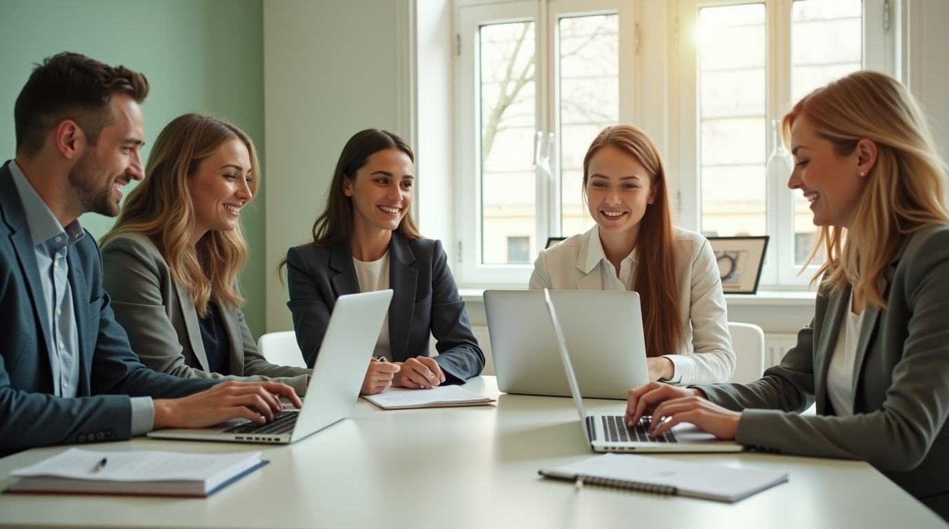 A small consulting team working together on laptops in a bright modern office.