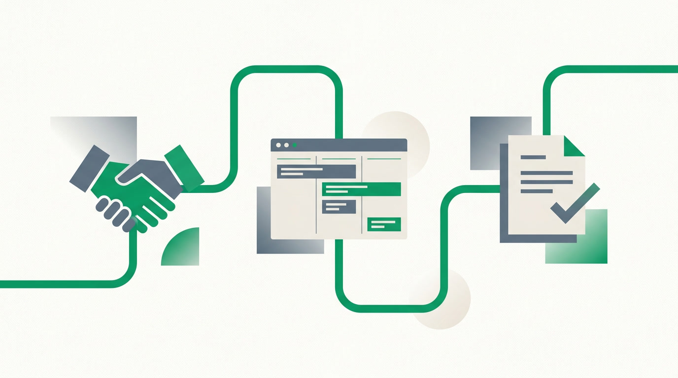 An editorial illustration of connected work stages flowing from a sales handshake to a completed project to a paid invoice.