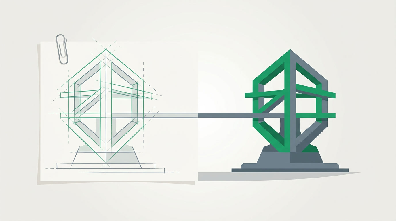 A neat paper prototype on one side and a solid engineered structure on the other, in emerald and slate