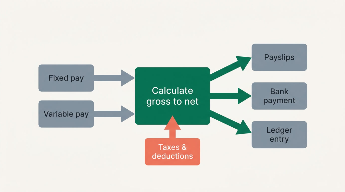 A flat flowchart showing payroll inputs flowing through calculation into payslips, a bank payment, and a ledger entry