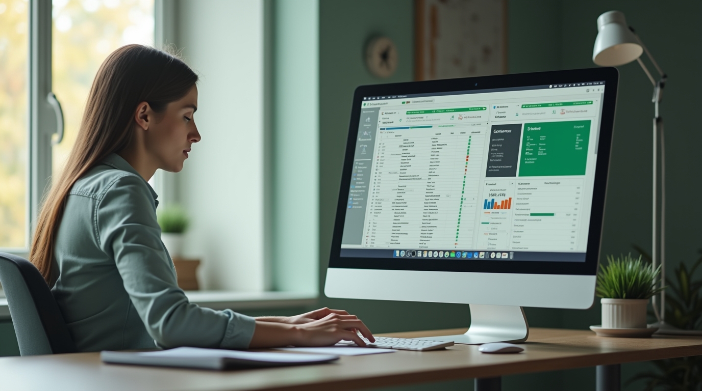 A small business owner looking overwhelmed at a laptop covered in cluttered spreadsheet windows