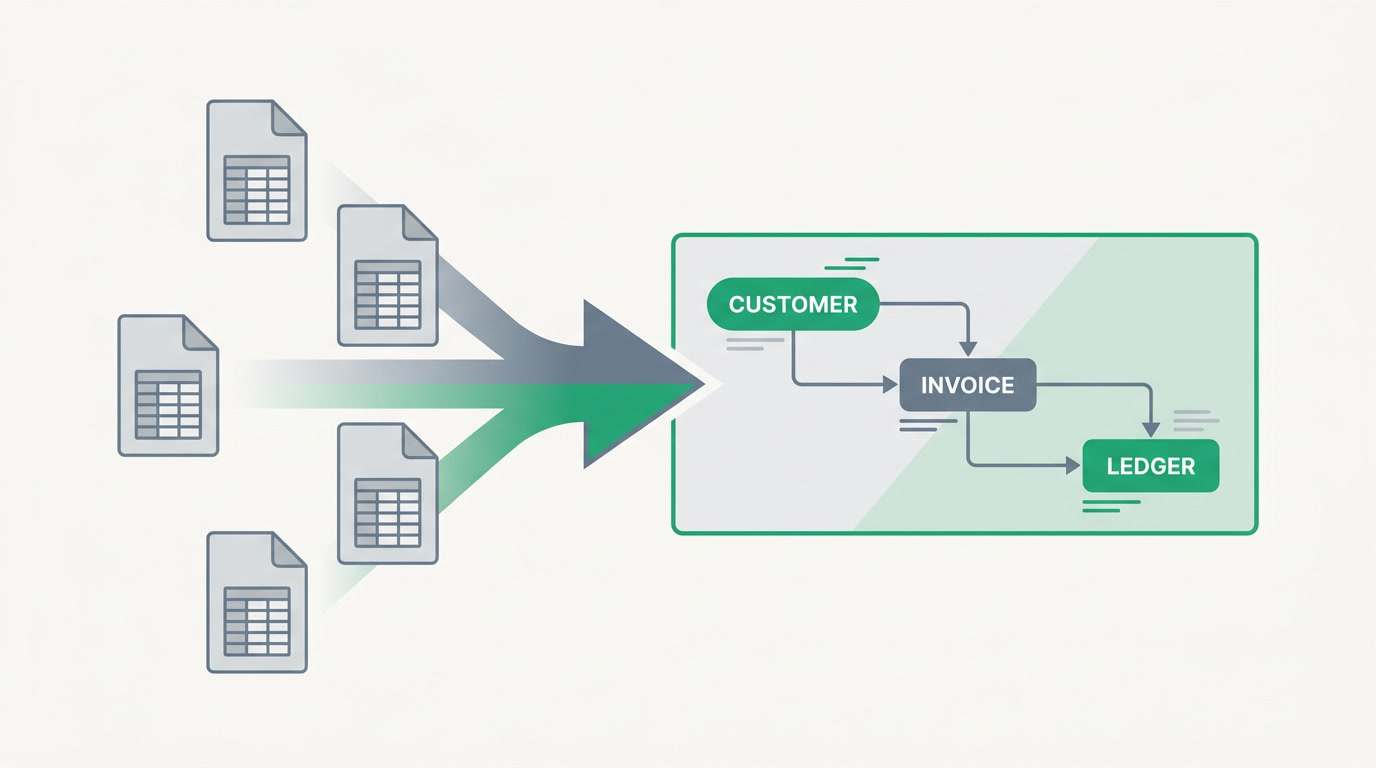 Diagram showing five separate spreadsheet files converging into one connected ERP with a lead flowing to invoice to ledger