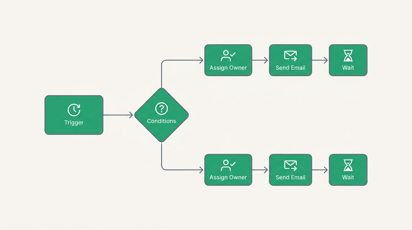 A trigger flowing through conditions into branching actions with a timed wait