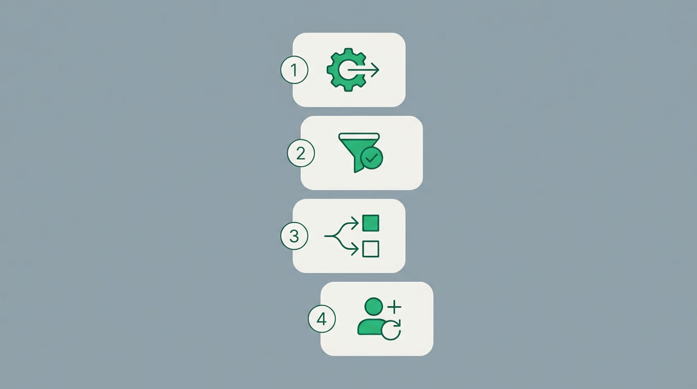 Four simple steps of building a rule shown as stacked cards