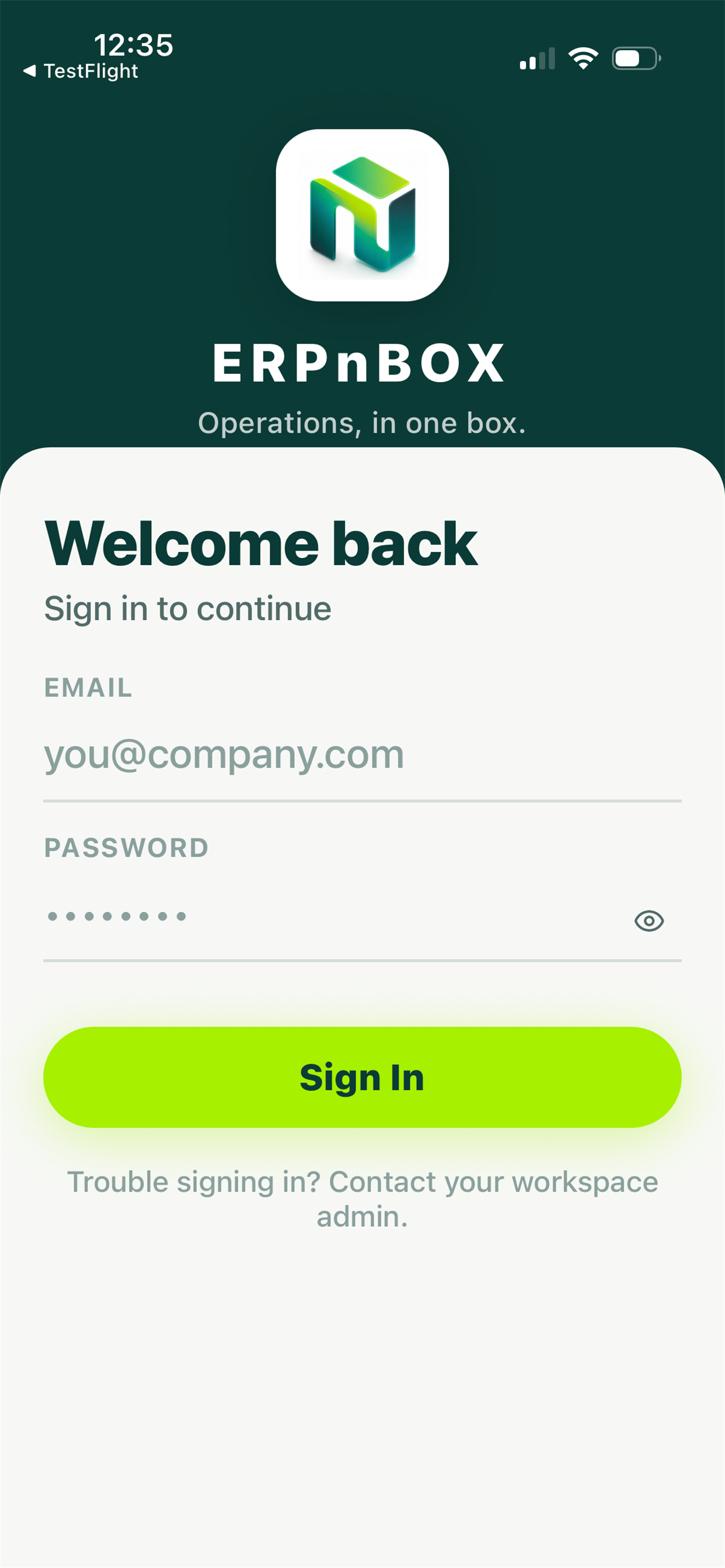 ERPnBox mobile — main screen