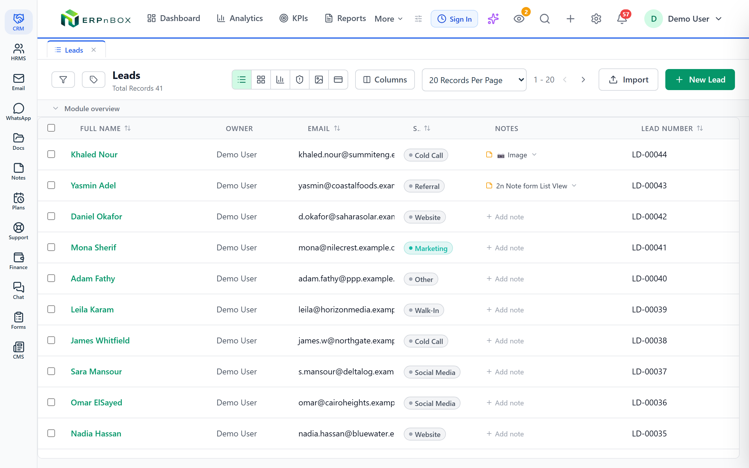 ERPnBox CRM lead and contact list