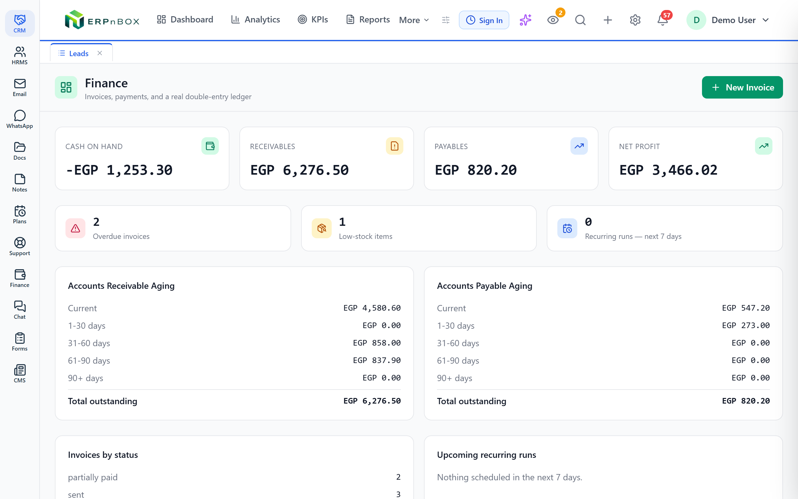 ERPnBox finance dashboard: cash, receivables, payables, net profit