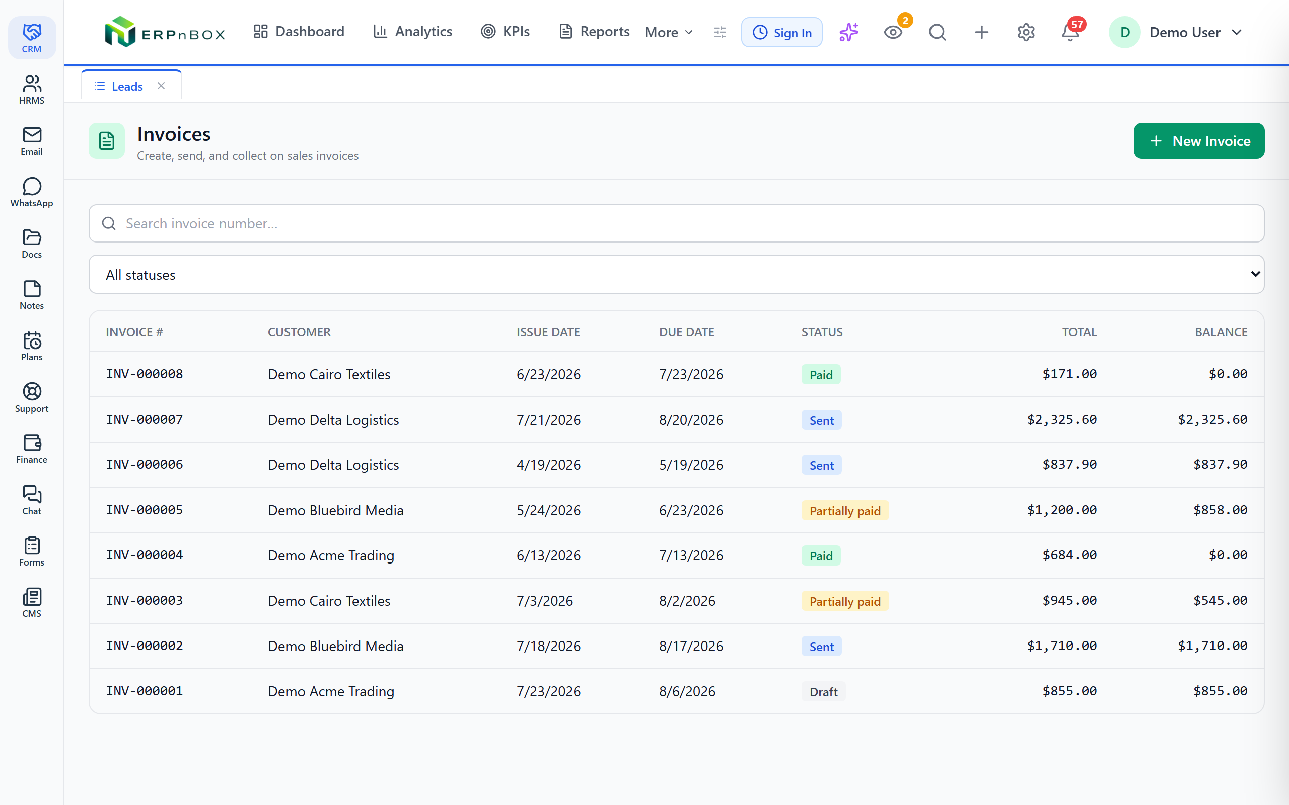 Sales invoices list in ERPnBox finance