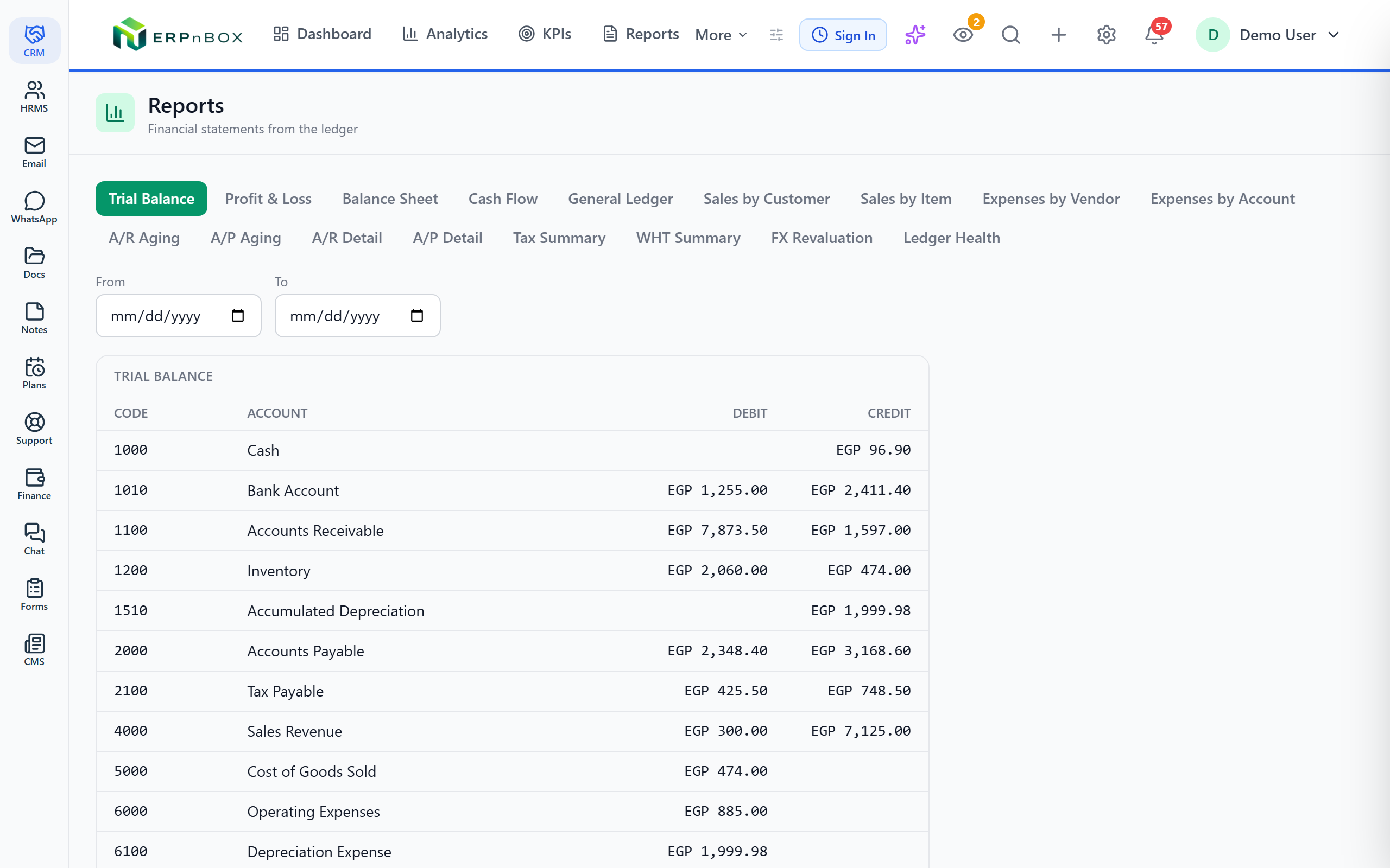 Trial balance and financial reports in ERPnBox
