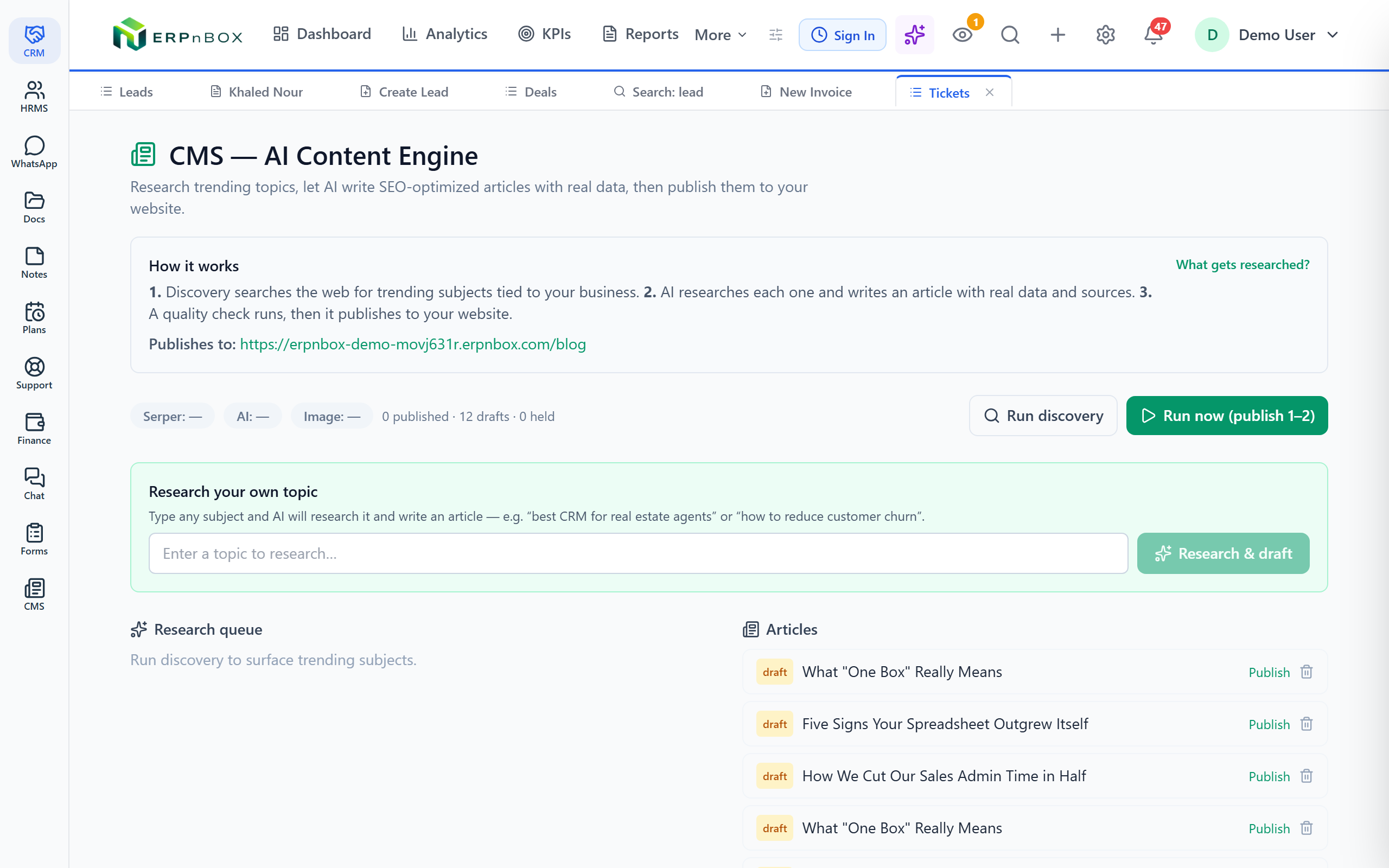 ERPnBox CMS — the AI article dashboard