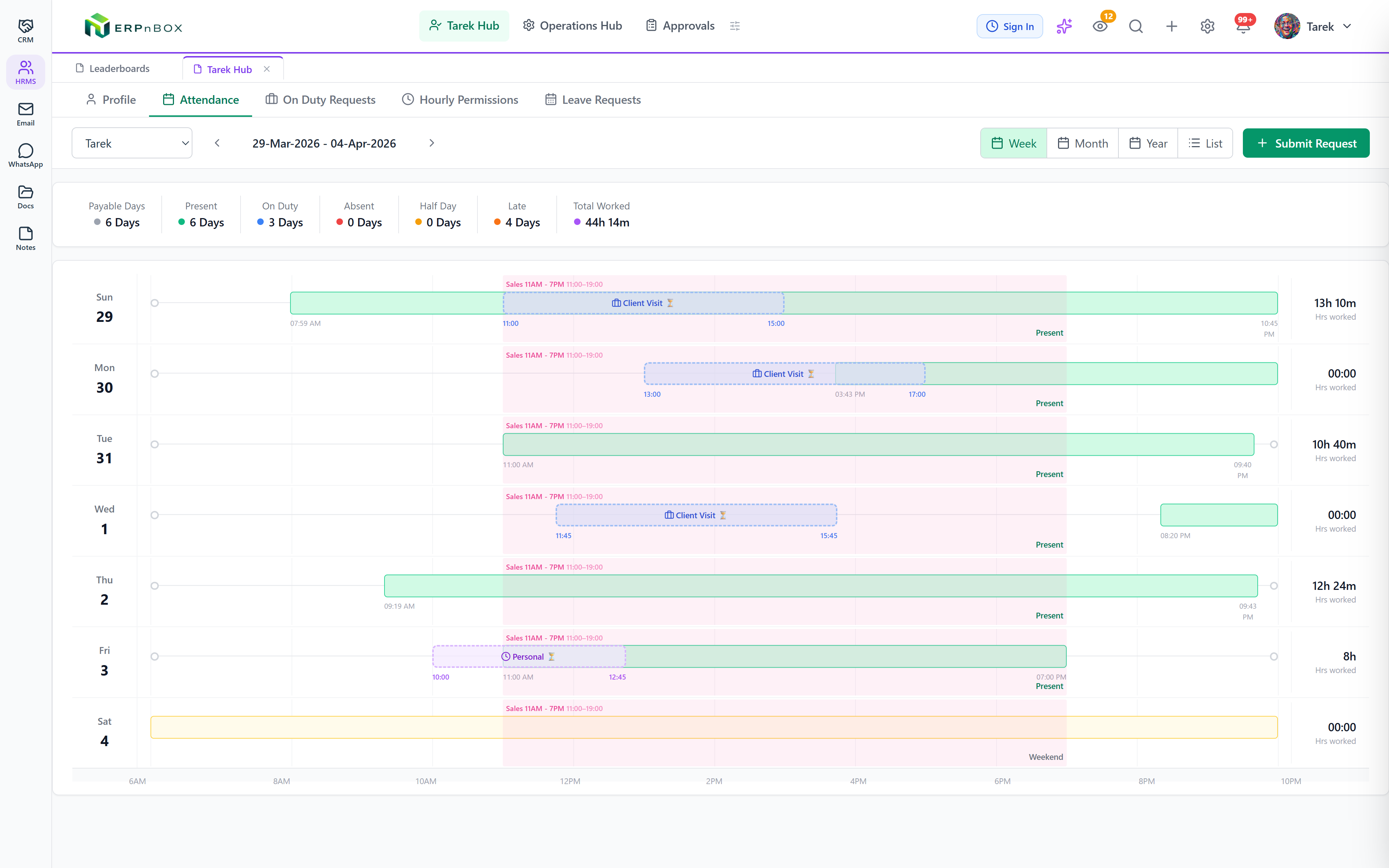 ERPnBox HR attendance timeline for a team
