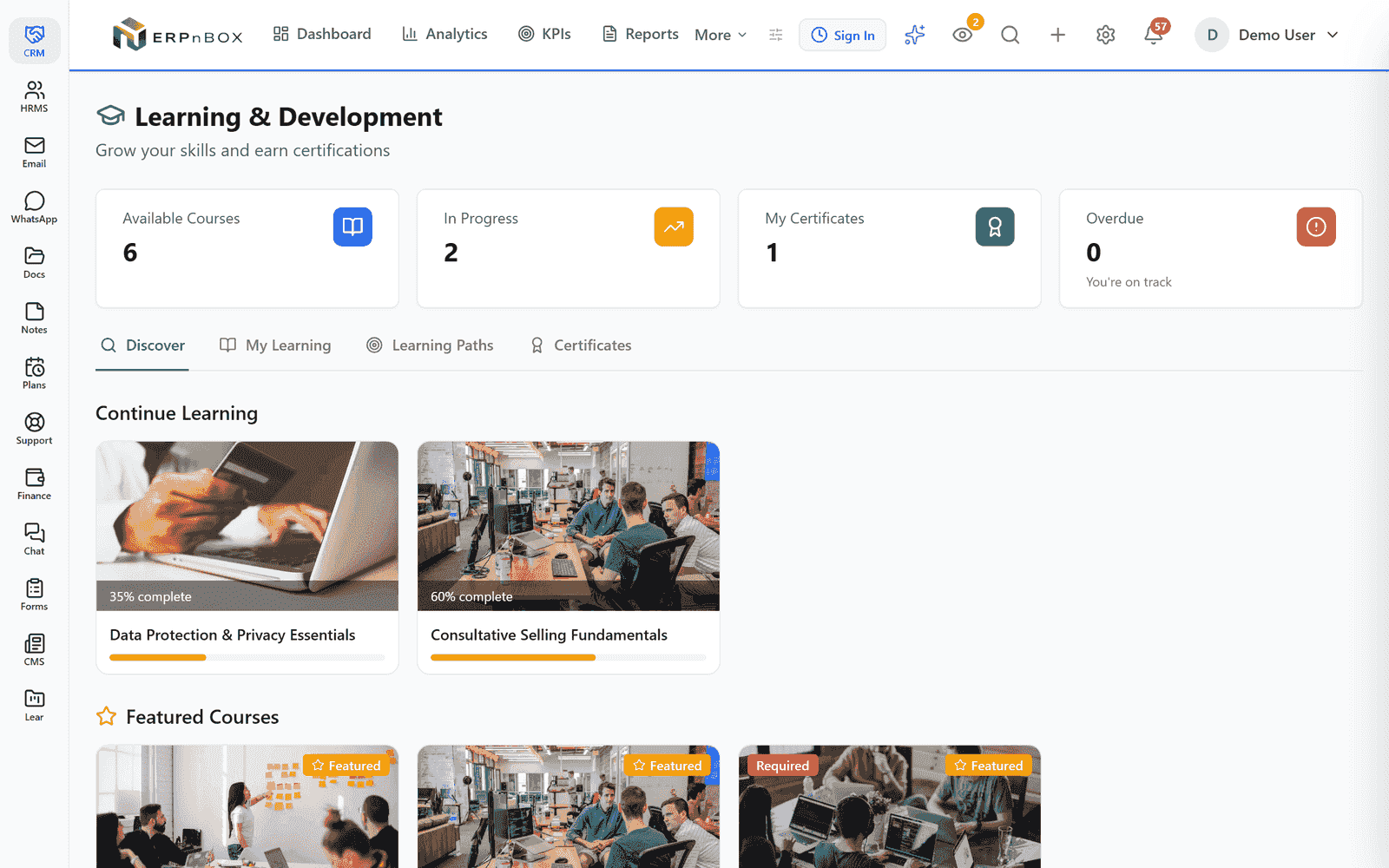 ERPnBox learning hub with course catalog, progress, and certificates